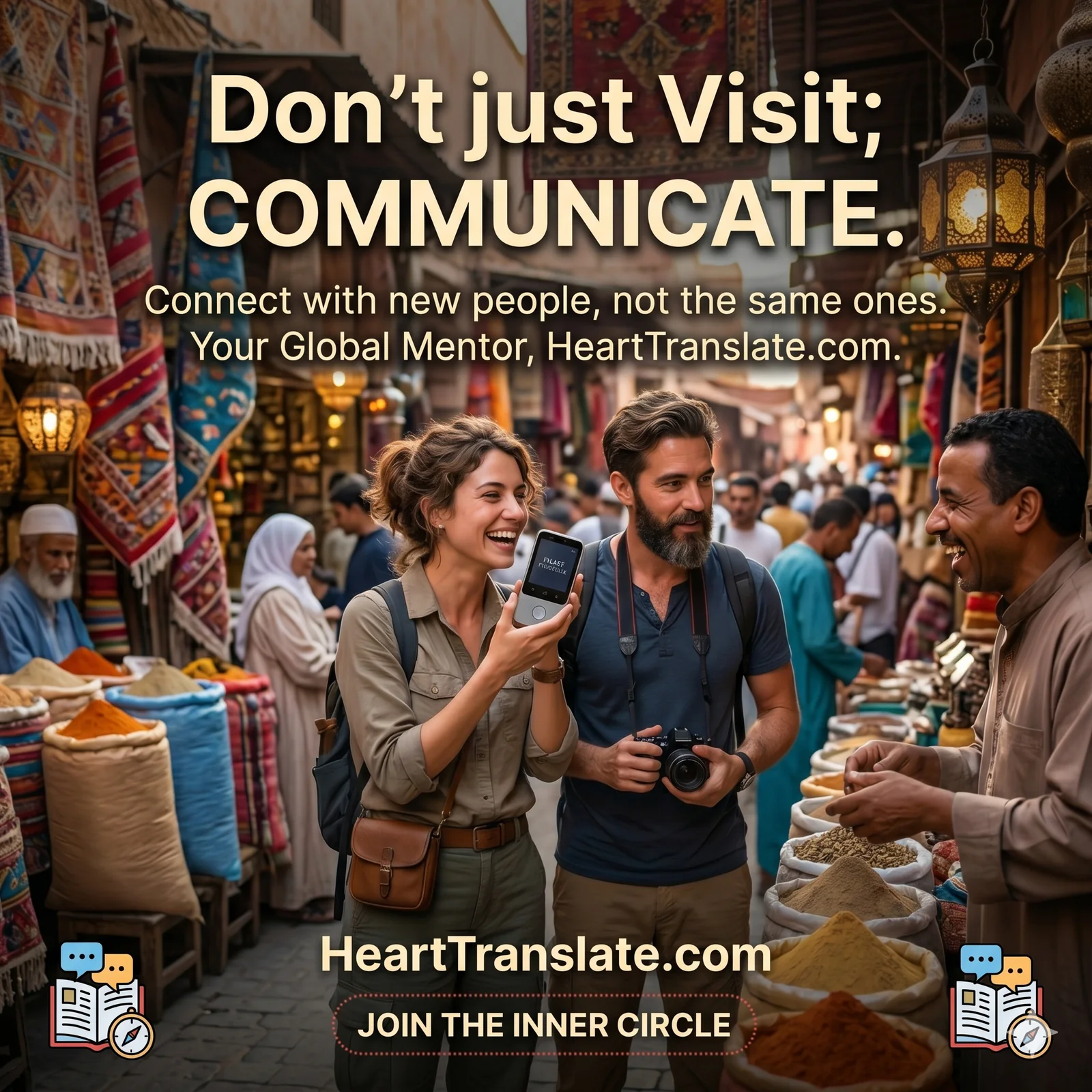 Travelers using HeartTranslate to communicate with a local merchant